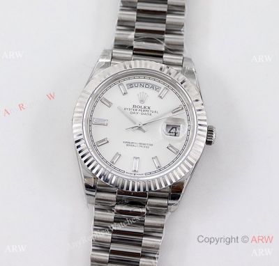 Swiss Clone Rolex DayDate 40mm 2836 Watch in Baguette Diamonds Stainless Steel